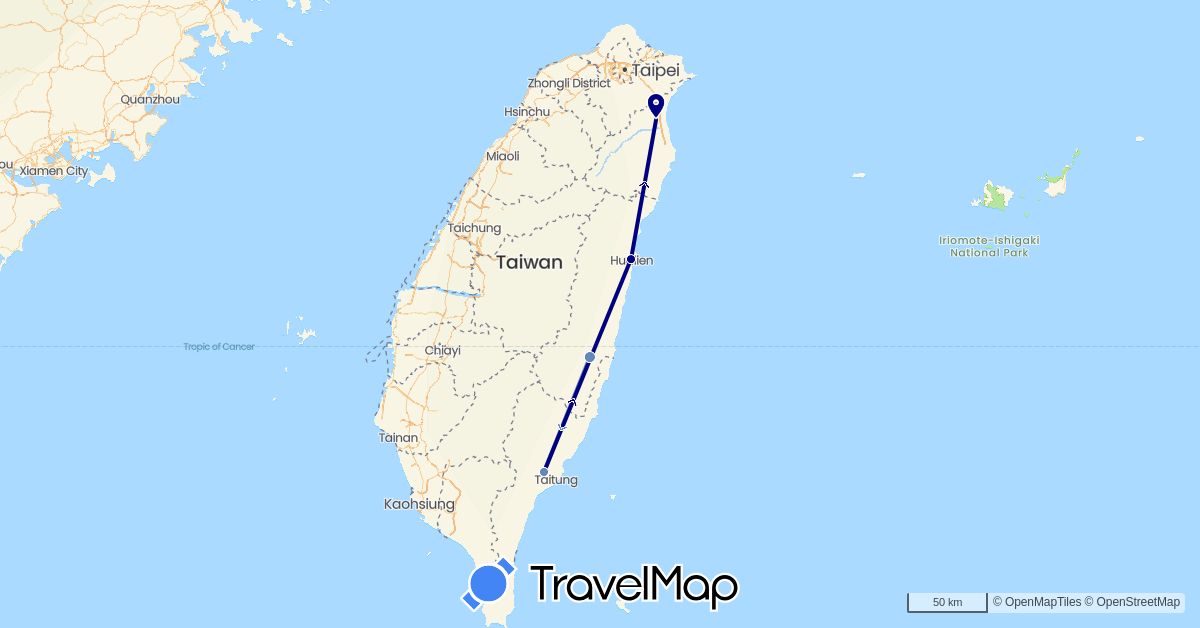 TravelMap itinerary: driving, cycling in Taiwan (Asia)